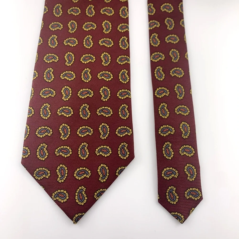 Paul Fredrick Mens Tie Burgundy Yellow Green Paisley‎ 100% Silk Repp Necktie